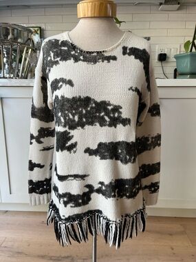 Lisa Todd Snow Chalet Wave Pattern Black White Cotton bl Fringe Crewneck Sweater